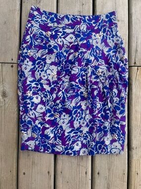 Fei by Anthropologie Floral Purple & Blue Pencil Skirt Silk size 0